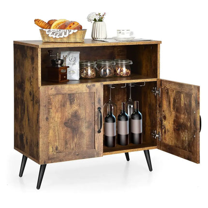 Mid-century Wooden Storage Cabinet Wine Glass Holders-Rustic Brown - Rustic Brown - Sideboards Cabinets & Buffets