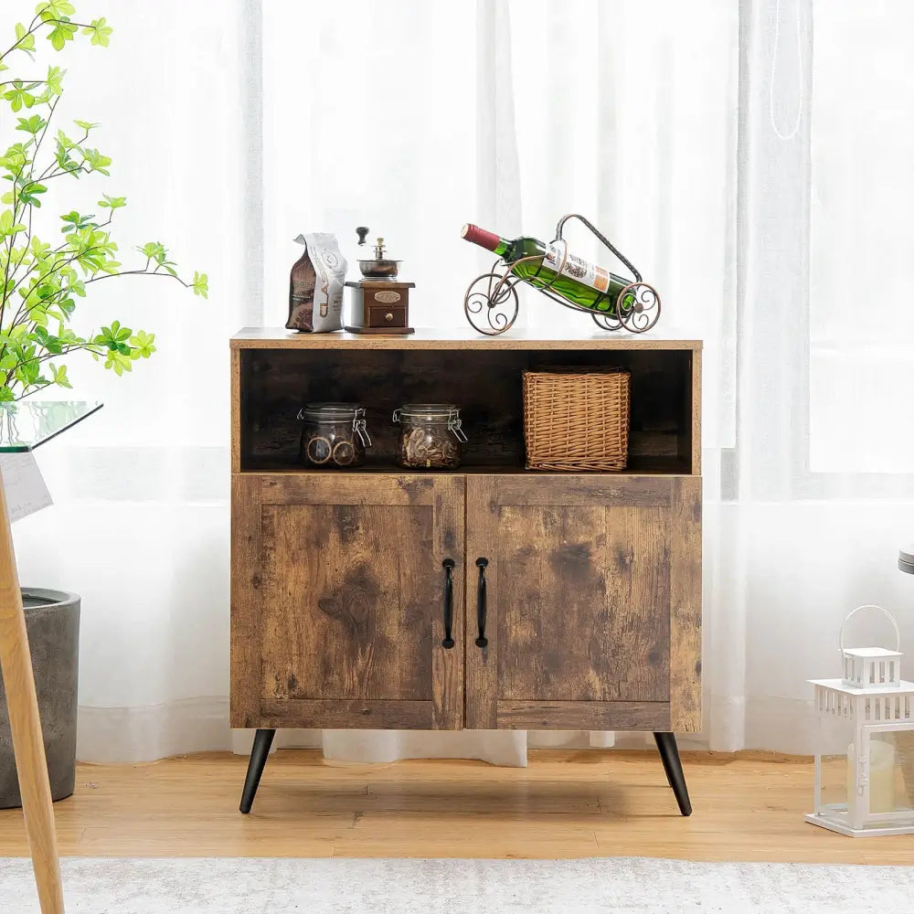 Mid-century Wooden Storage Cabinet Wine Glass Holders-Rustic Brown - Rustic Brown - Sideboards Cabinets & Buffets