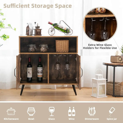 Mid-century Wooden Storage Cabinet Wine Glass Holders-Rustic Brown - Rustic Brown - Sideboards Cabinets & Buffets