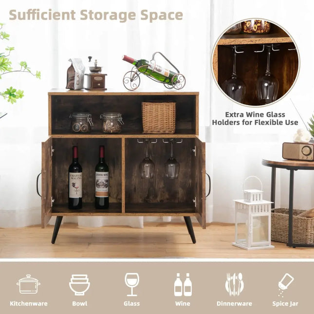 Mid-century Wooden Storage Cabinet Wine Glass Holders-Rustic Brown - Rustic Brown - Sideboards Cabinets & Buffets