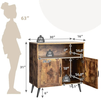 Mid-century Wooden Storage Cabinet Wine Glass Holders-Rustic Brown - Rustic Brown - Sideboards Cabinets & Buffets