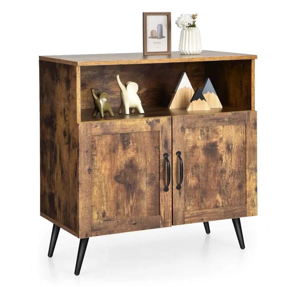 Mid-century Wooden Storage Cabinet Wine Glass Holders-Rustic Brown - Rustic Brown - Sideboards Cabinets & Buffets