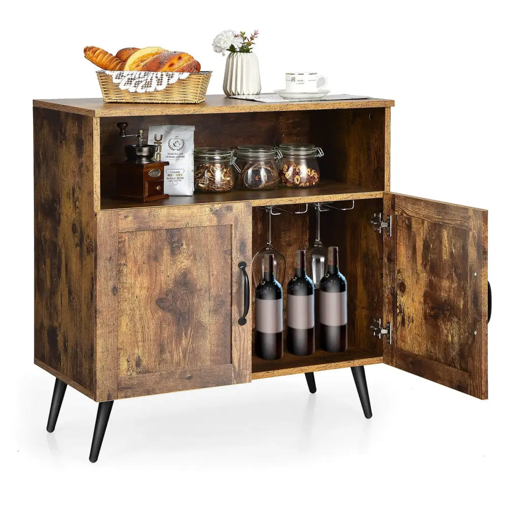 Mid-century Wooden Storage Cabinet Wine Glass Holders-Rustic Brown - Rustic Brown - Sideboards Cabinets & Buffets