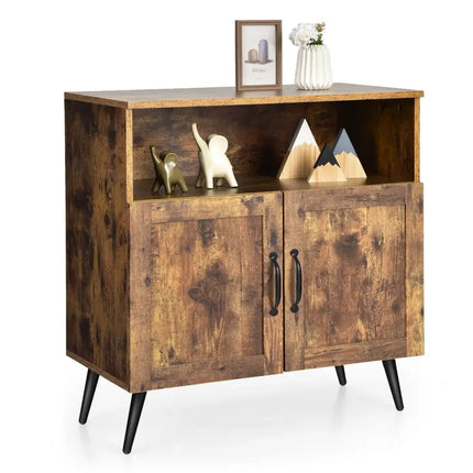 Mid-century Wooden Storage Cabinet Wine Glass Holders-Rustic Brown - Rustic Brown - Sideboards Cabinets & Buffets