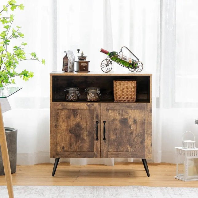 Mid-century Wooden Storage Cabinet Wine Glass Holders-Rustic Brown - Rustic Brown - Sideboards Cabinets & Buffets