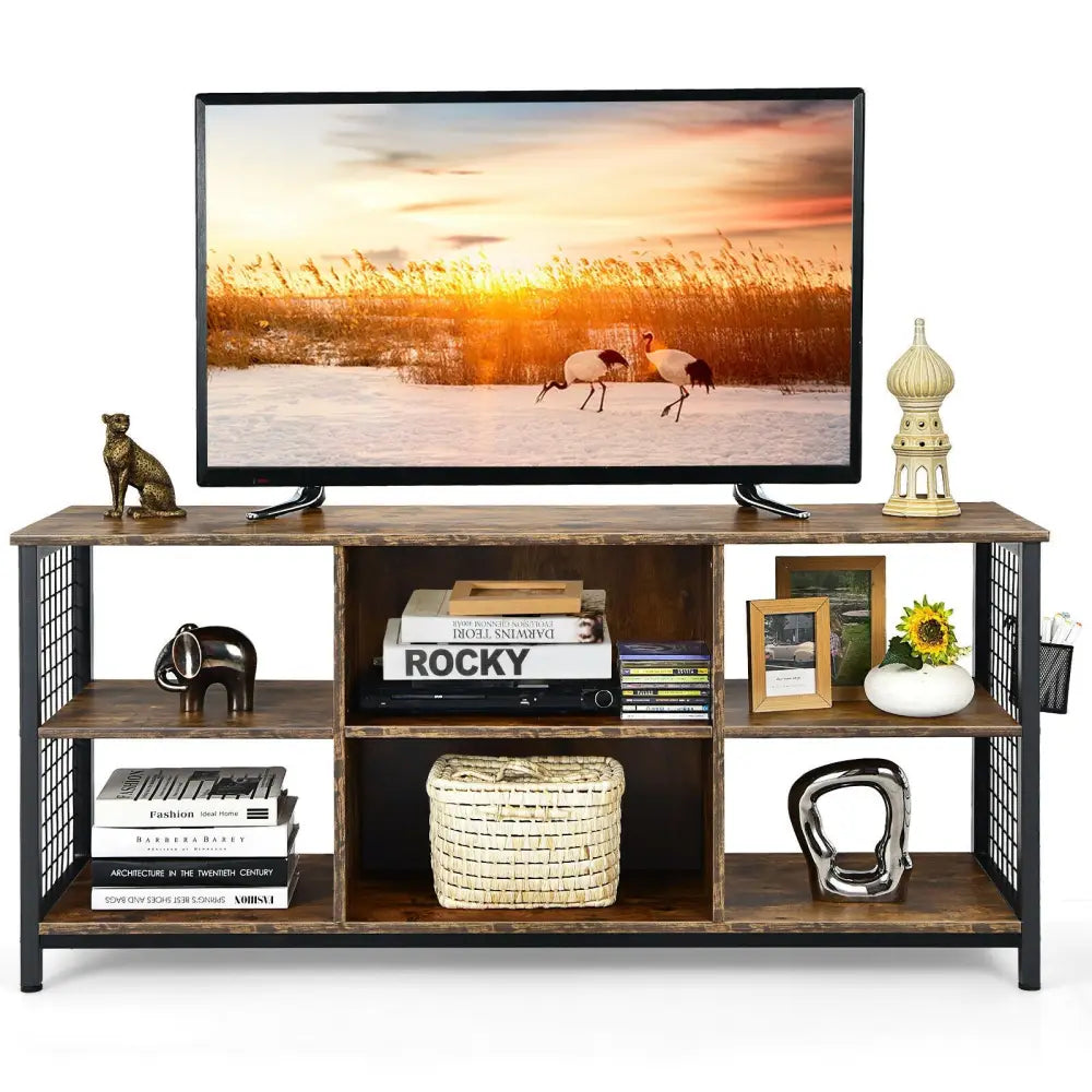 Mid-Century Wooden TV Stand with Storage Basket for TVs up to 65 Inch-Rustic Brown - Rustic Brown - Entertainment