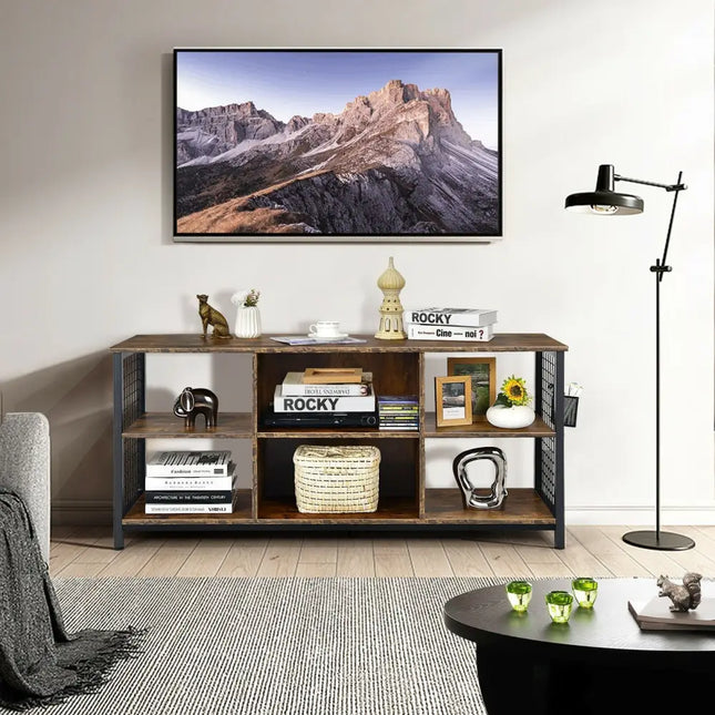 Mid-Century Wooden TV Stand with Storage Basket for TVs up to 65 Inch-Rustic Brown - Rustic Brown - Entertainment