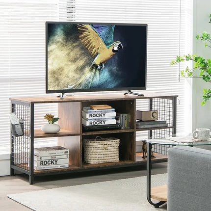 Mid-Century Wooden TV Stand with Storage Basket for TVs up to 65 Inch-Rustic Brown - Rustic Brown - Entertainment