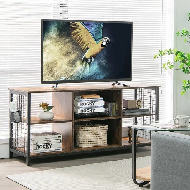 Mid-Century Wooden TV Stand with Storage Basket for TVs up to 65 Inch-Rustic Brown - Rustic Brown - Entertainment
