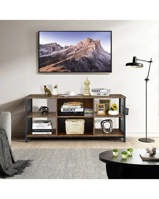 Mid-Century Wooden TV Stand with Storage Basket for TVs up to 65 Inch-Rustic Brown - Rustic Brown - Entertainment