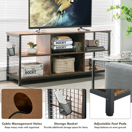 Mid-Century Wooden TV Stand with Storage Basket for TVs up to 65 Inch-Rustic Brown - Rustic Brown - Entertainment