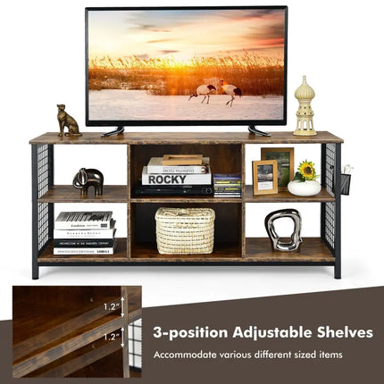 Mid-Century Wooden TV Stand with Storage Basket for TVs up to 65 Inch-Rustic Brown - Rustic Brown - Entertainment