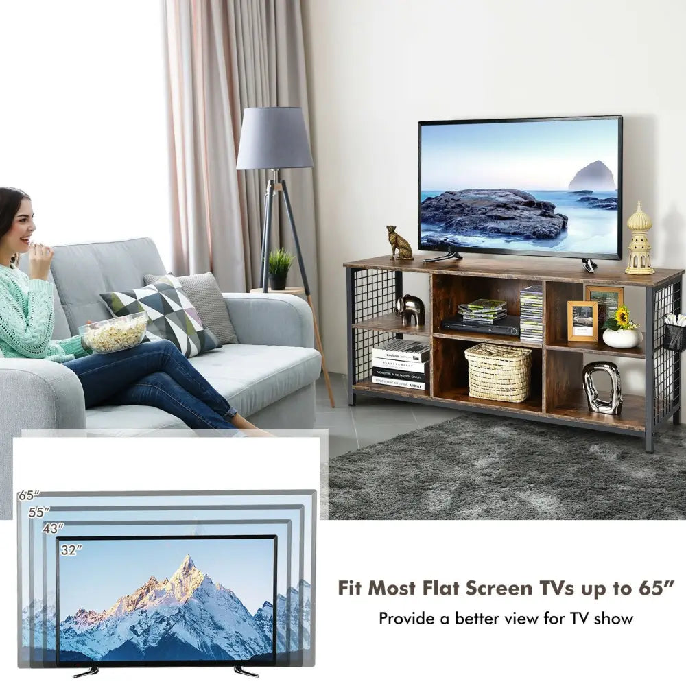 Mid-Century Wooden TV Stand with Storage Basket for TVs up to 65 Inch-Rustic Brown - Rustic Brown - Entertainment