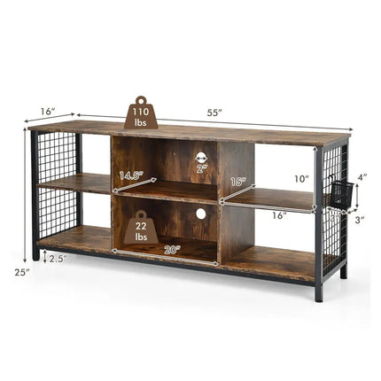 Mid-Century Wooden TV Stand with Storage Basket for TVs up to 65 Inch-Rustic Brown - Rustic Brown - Entertainment
