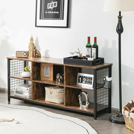 Mid-Century Wooden TV Stand with Storage Basket for TVs up to 65 Inch-Rustic Brown - Rustic Brown - Entertainment