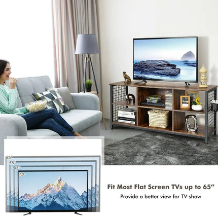 Mid-Century Wooden TV Stand with Storage Basket for TVs up to 65 Inch-Rustic Brown - Rustic Brown - Entertainment