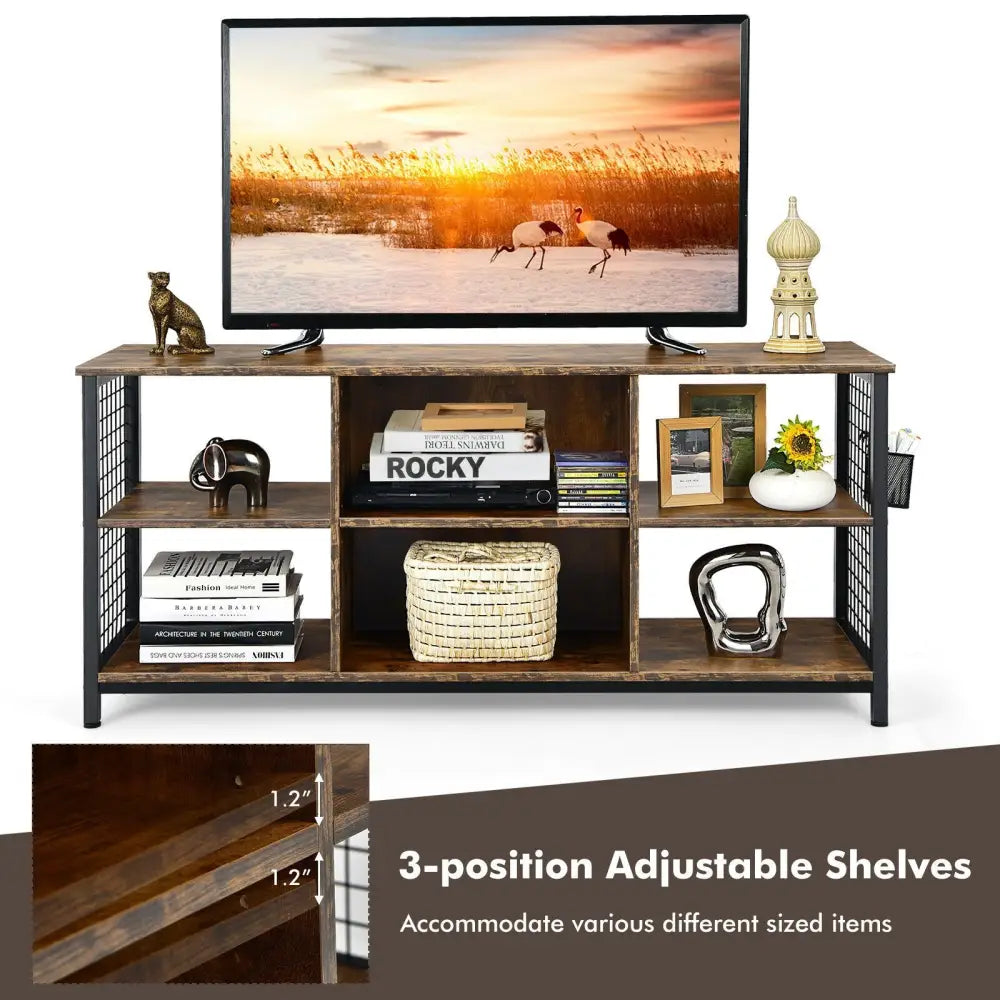 Mid-Century Wooden TV Stand with Storage Basket for TVs up to 65 Inch-Rustic Brown - Rustic Brown - Entertainment