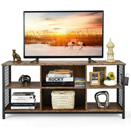 Mid-Century Wooden TV Stand with Storage Basket for TVs up to 65 Inch-Rustic Brown - Rustic Brown - Entertainment