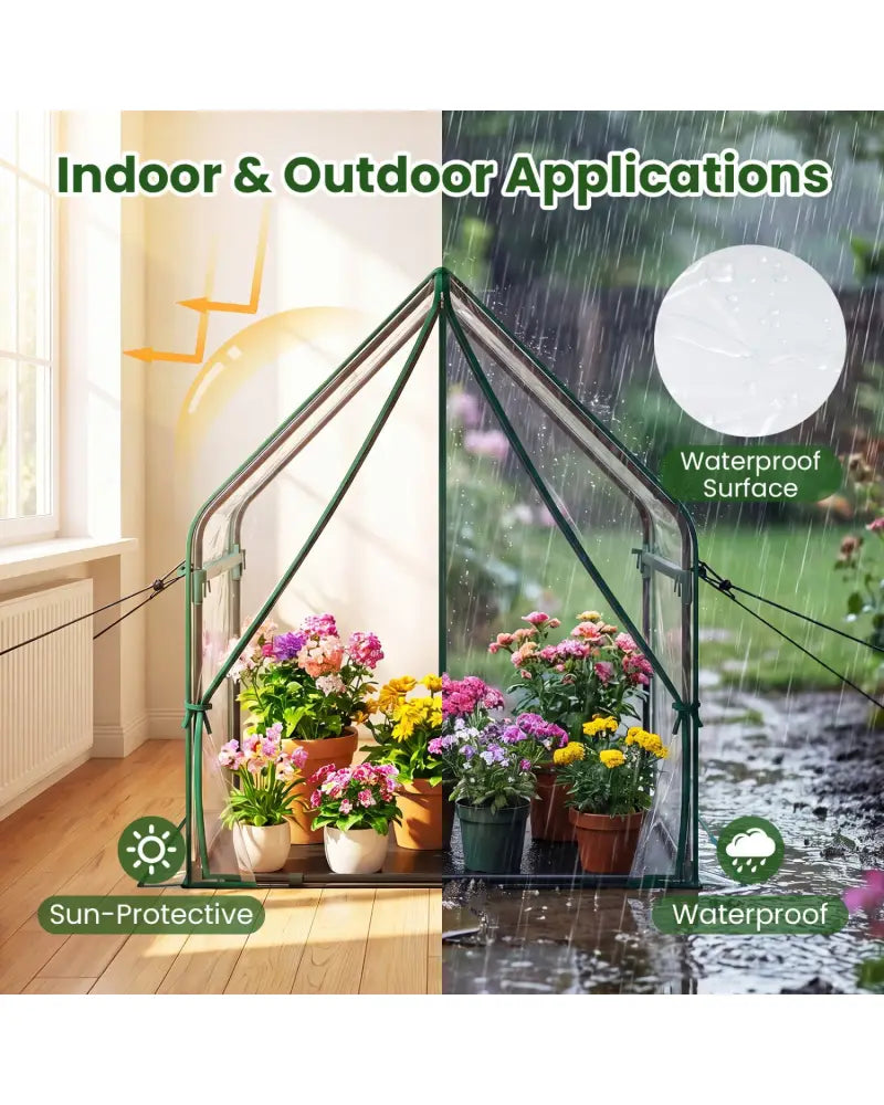 Mini Green House Metal Frame with Waterproof Bottom Mat and Wind Ropes-M - Transparent - Greenhouses