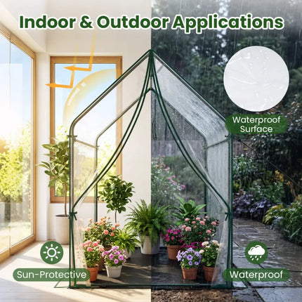 Mini Green House Metal Frame with Waterproof Bottom Mat and Wind Ropes-L - Transparent - Greenhouses