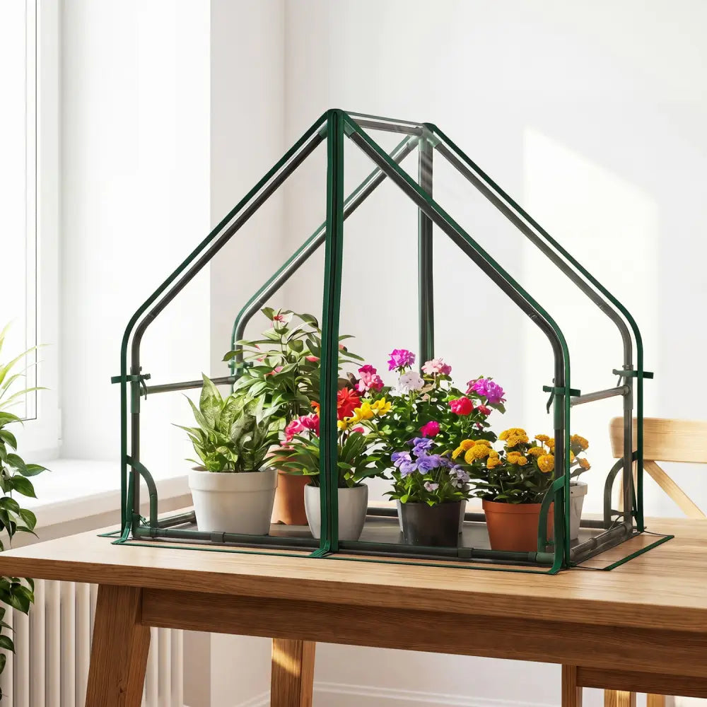 Mini Green House Metal Frame with Waterproof Bottom Mat and Wind Ropes-S - Transparent - Greenhouses