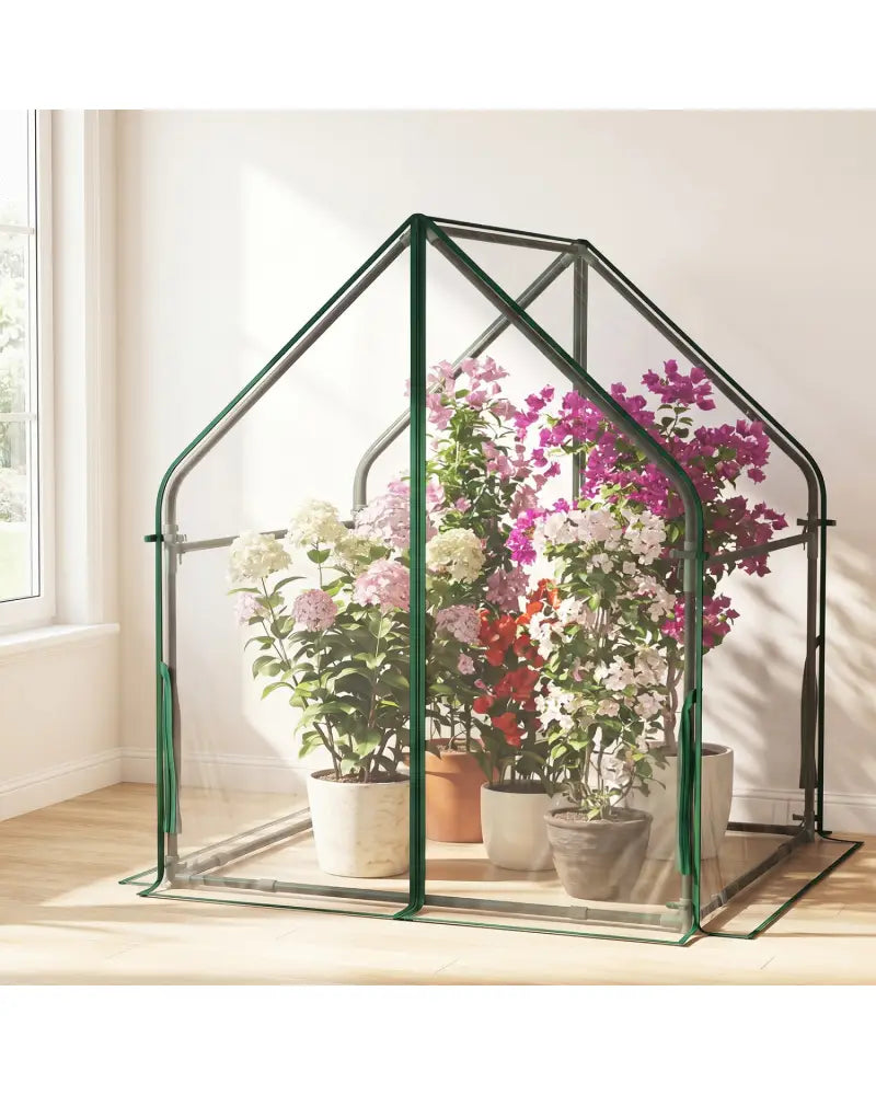Mini Green House Metal Frame with Waterproof Bottom Mat and Wind Ropes-M - Transparent - Greenhouses