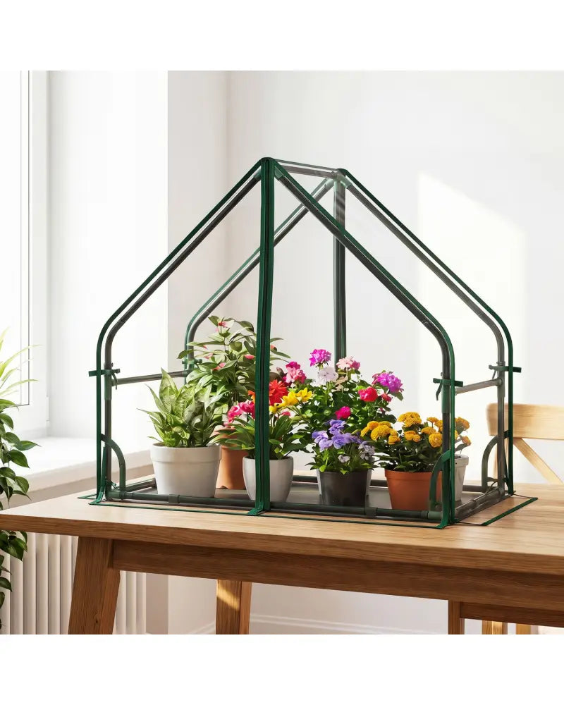 Mini Green House Metal Frame with Waterproof Bottom Mat and Wind Ropes-S - Transparent - Greenhouses