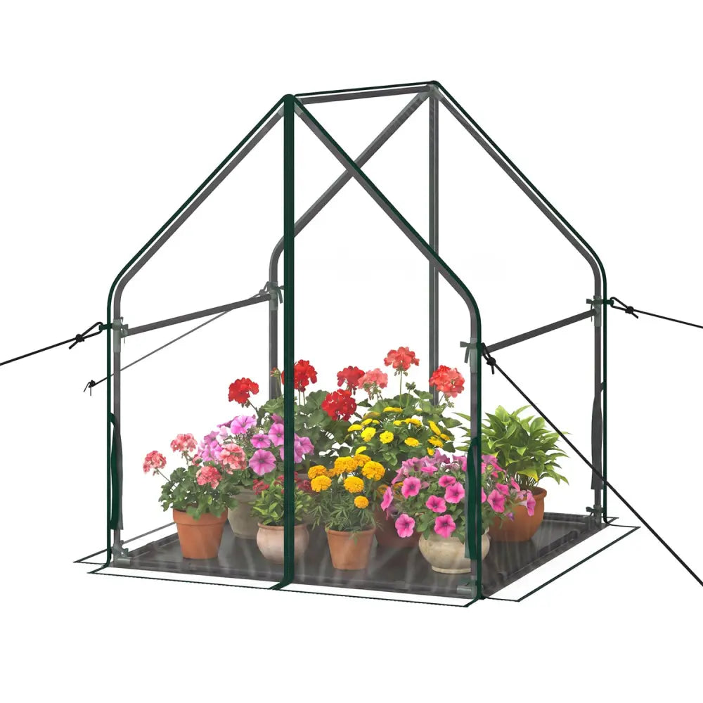 Mini Green House Metal Frame with Waterproof Bottom Mat and Wind Ropes-M - Transparent - Greenhouses