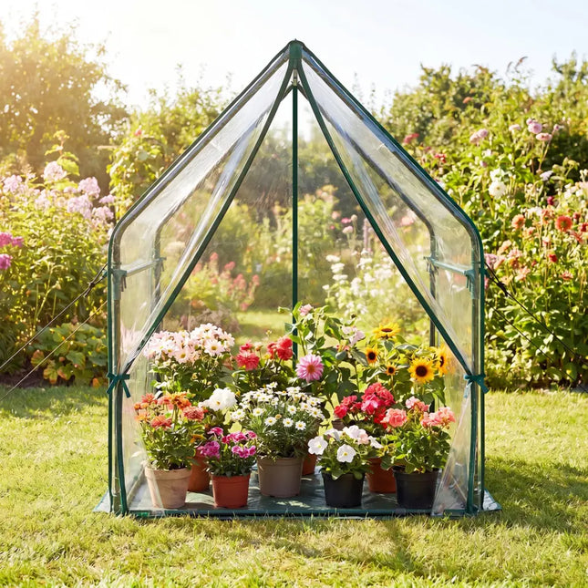 Mini Green House Metal Frame with Waterproof Bottom Mat and Wind Ropes-M - Transparent - Greenhouses