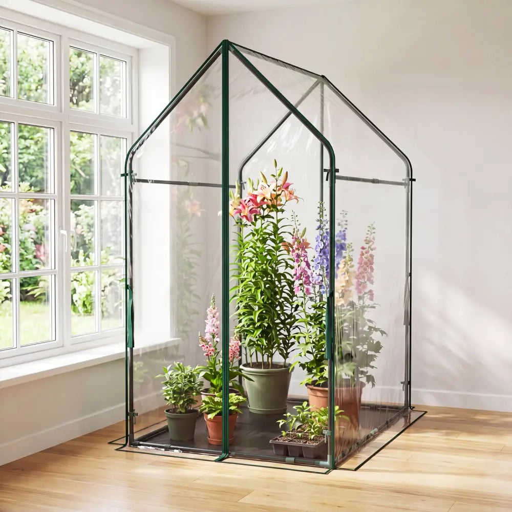 Mini Green House Metal Frame with Waterproof Bottom Mat and Wind Ropes-XL - Transparent - Greenhouses