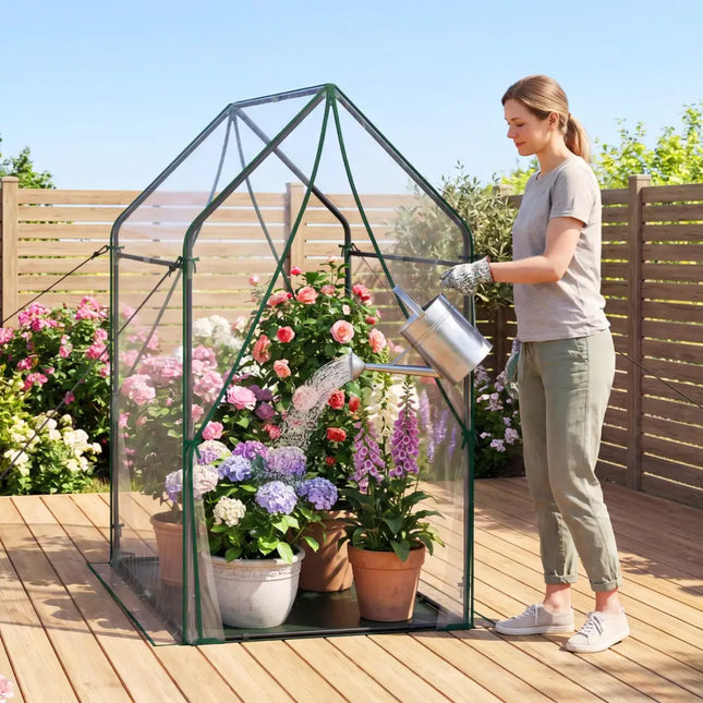 Mini Green House Metal Frame with Waterproof Bottom Mat and Wind Ropes-XL - Transparent - Greenhouses