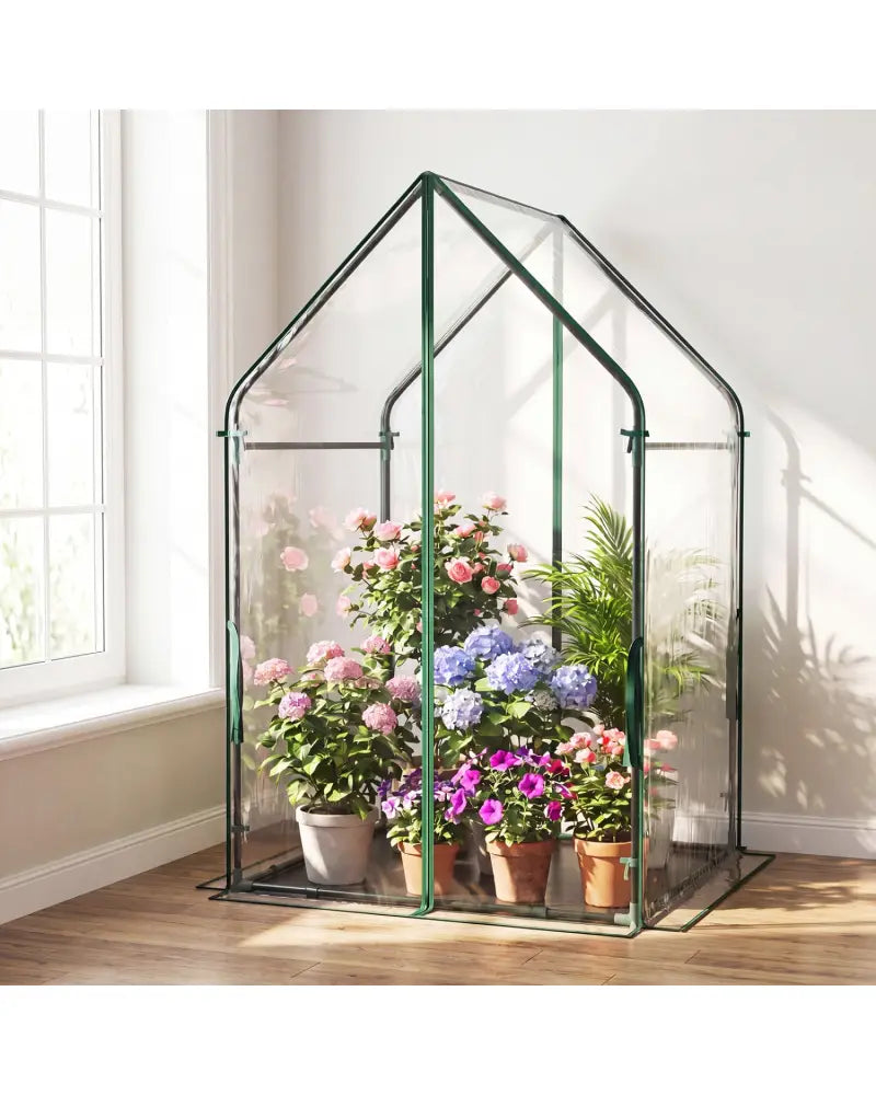 Mini Green House Metal Frame with Waterproof Bottom Mat and Wind Ropes-L - Transparent - Greenhouses
