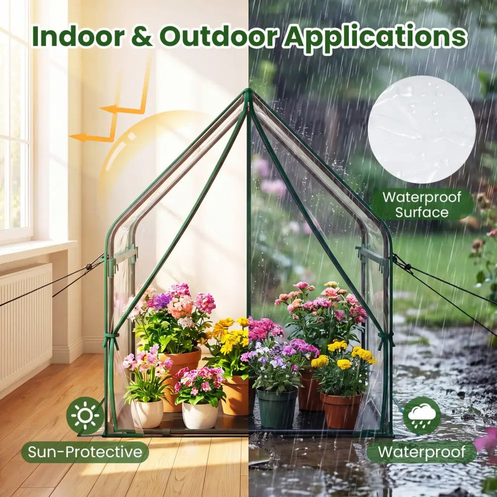 Mini Green House Metal Frame with Waterproof Bottom Mat and Wind Ropes-M - Transparent - Greenhouses