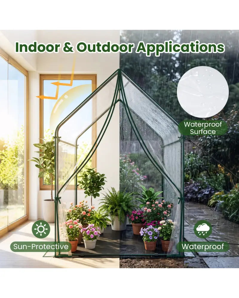 Mini Green House Metal Frame with Waterproof Bottom Mat and Wind Ropes-L - Transparent - Greenhouses