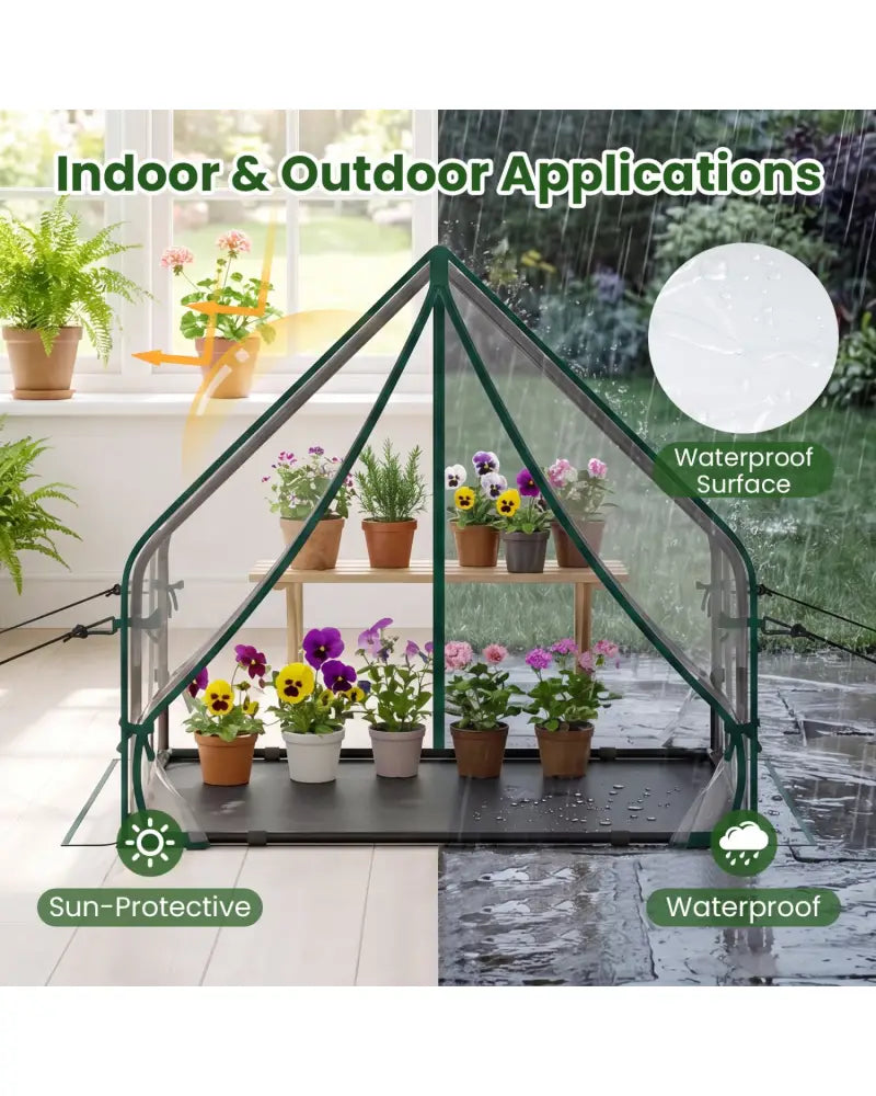 Mini Green House Metal Frame with Waterproof Bottom Mat and Wind Ropes-S - Transparent - Greenhouses