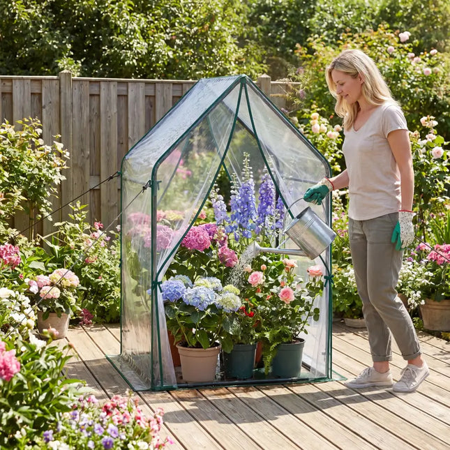 Mini Green House Metal Frame with Waterproof Bottom Mat and Wind Ropes-L - Transparent - Greenhouses