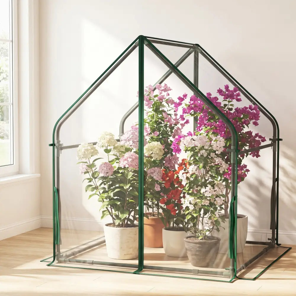 Mini Green House Metal Frame with Waterproof Bottom Mat and Wind Ropes-M - Transparent - Greenhouses