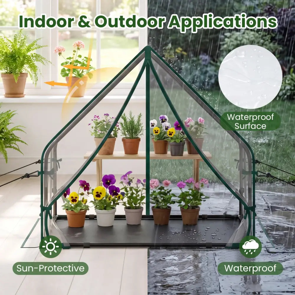 Mini Green House Metal Frame with Waterproof Bottom Mat and Wind Ropes-S - Transparent - Greenhouses