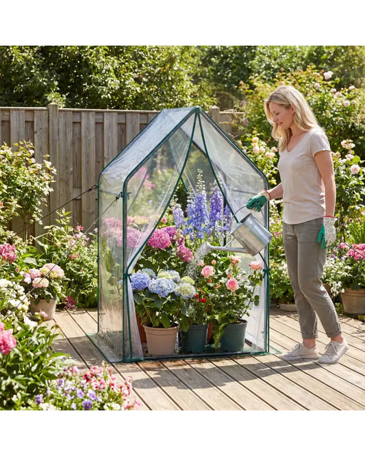 Mini Green House Metal Frame with Waterproof Bottom Mat and Wind Ropes-L - Transparent - Greenhouses