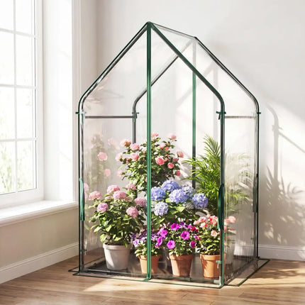 Mini Green House Metal Frame with Waterproof Bottom Mat and Wind Ropes-L - Transparent - Greenhouses