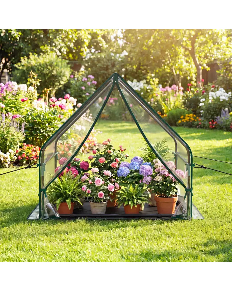 Mini Green House Metal Frame with Waterproof Bottom Mat and Wind Ropes-S - Transparent - Greenhouses