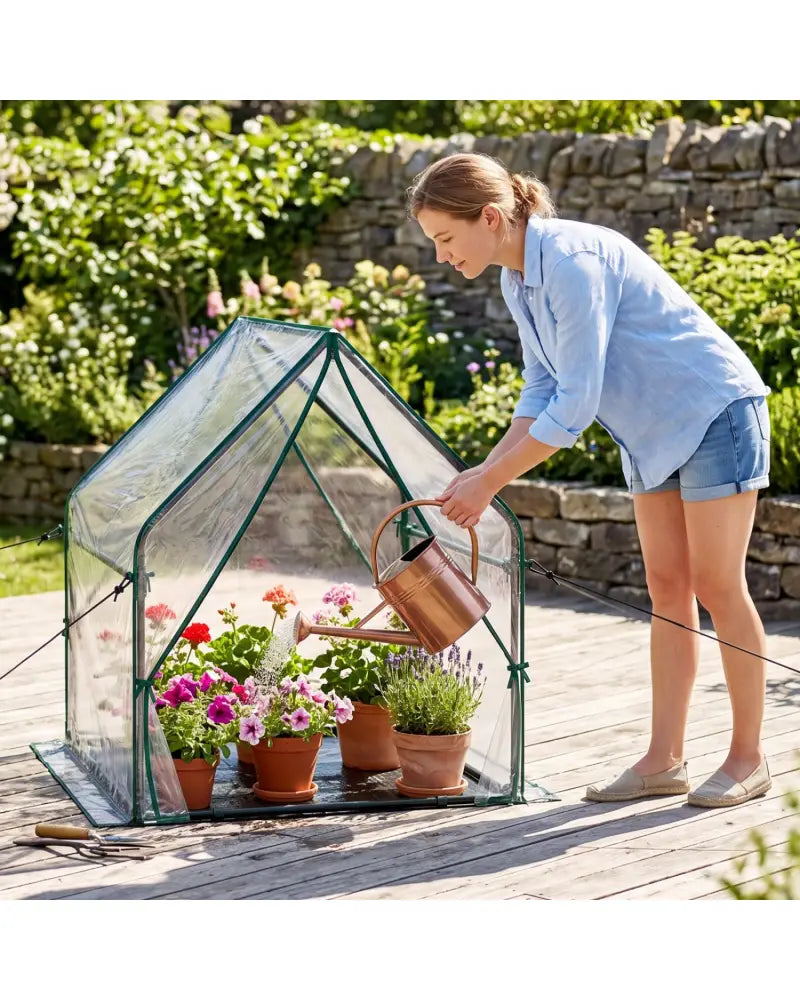 Mini Green House Metal Frame with Waterproof Bottom Mat and Wind Ropes-M - Transparent - Greenhouses