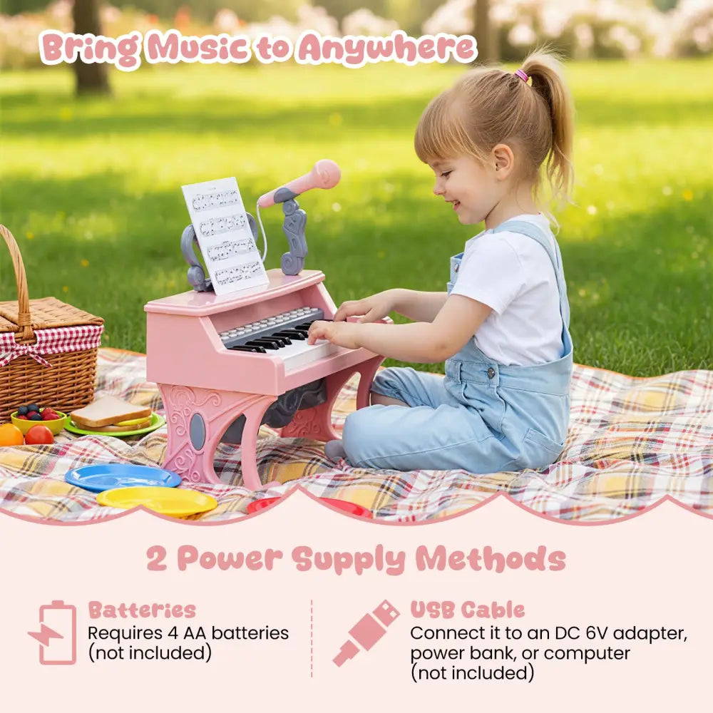 Mini Keyboard Piano 25 Keys Electric Piano with Music Stand and Microphone for Toddlers 3+ Years Old-Pink - Pink