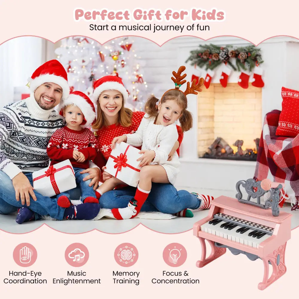 Mini Keyboard Piano 25 Keys Electric Piano with Music Stand and Microphone for Toddlers 3+ Years Old-Pink - Pink