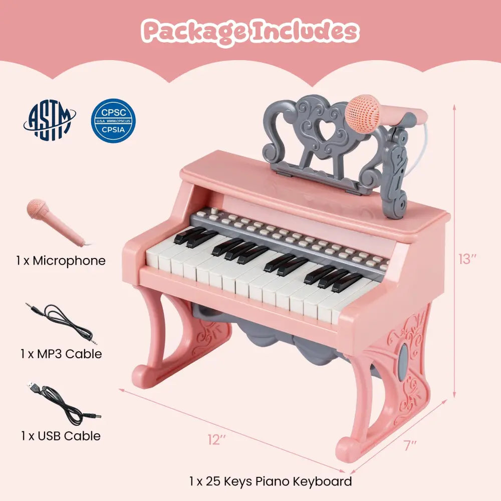 Mini Keyboard Piano 25 Keys Electric Piano with Music Stand and Microphone for Toddlers 3+ Years Old-Pink - Pink