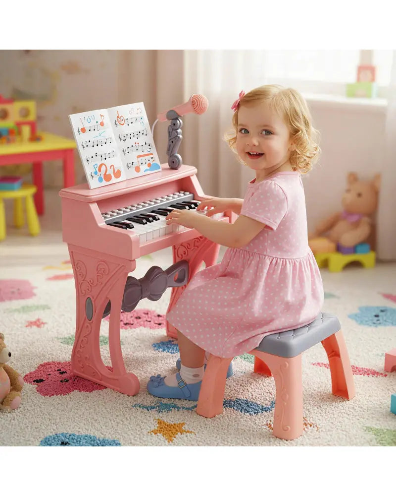 Mini Keyboard Piano for Kids 25 Keys Electric Piano with Stool for Toddlers 3+ Years Old-Pink - Pink - Pianos &