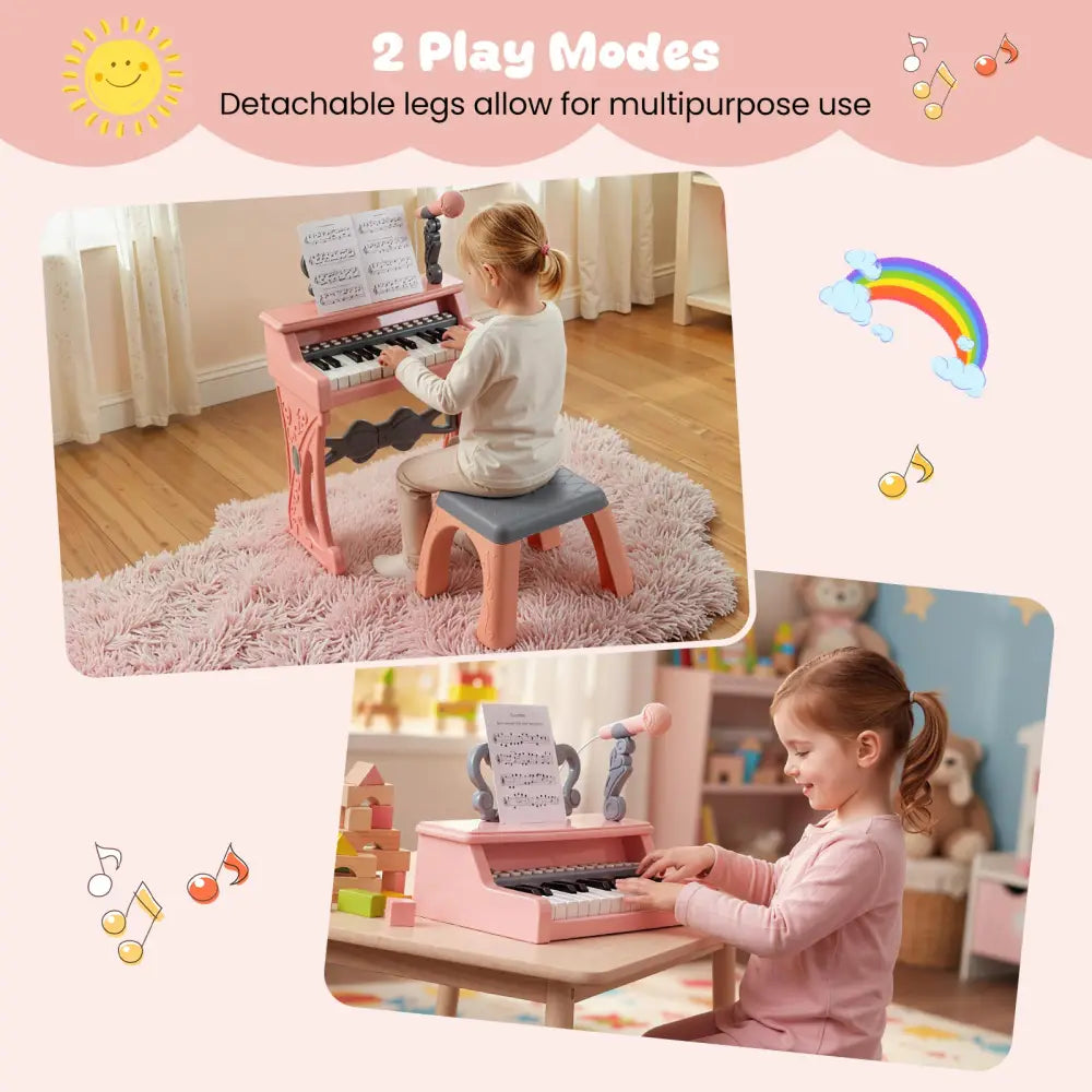 Mini Keyboard Piano for Kids 25 Keys Electric Piano with Stool for Toddlers 3+ Years Old-Pink - Pink - Pianos &