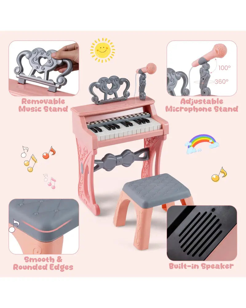 Mini Keyboard Piano for Kids 25 Keys Electric Piano with Stool for Toddlers 3+ Years Old-Pink - Pink - Pianos &