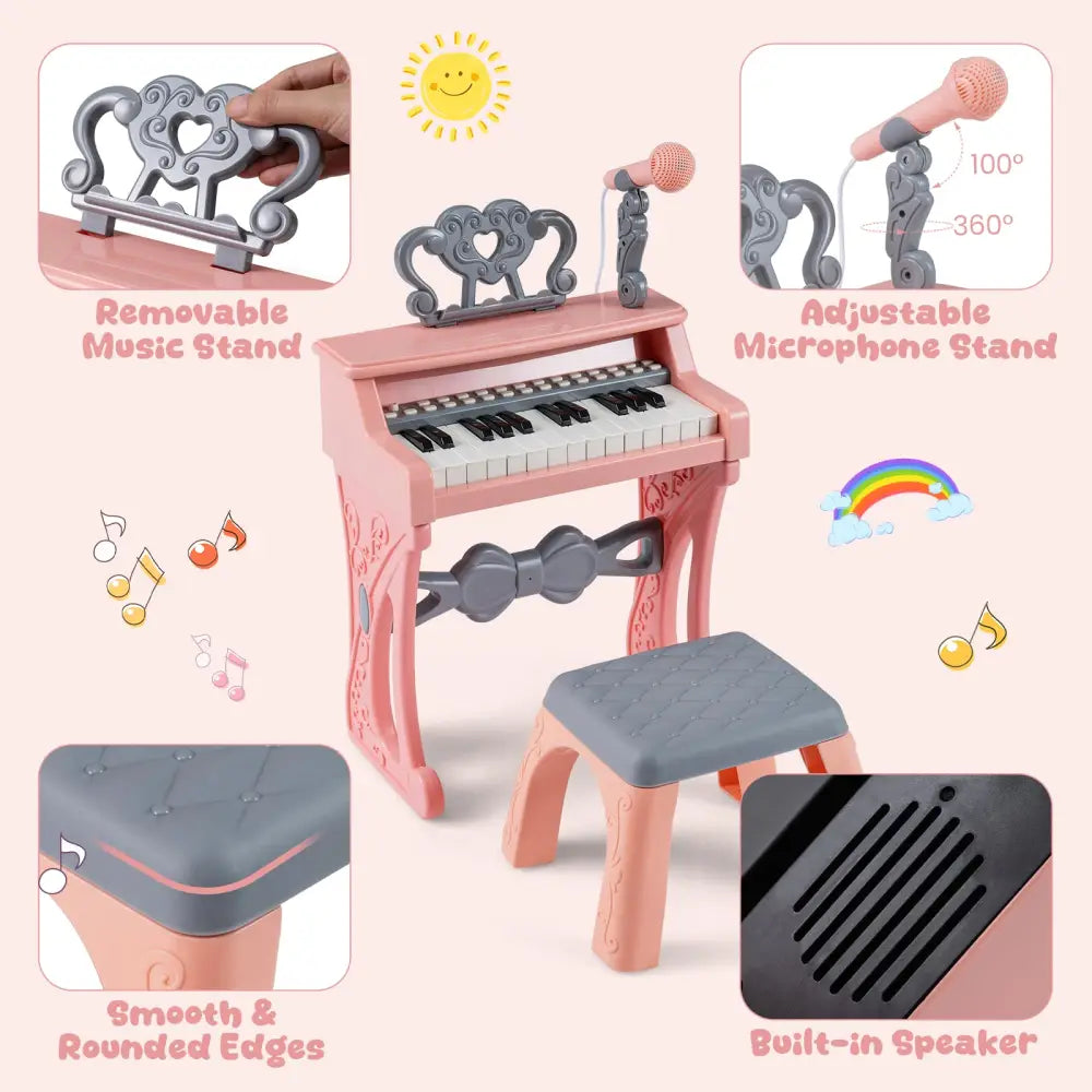 Mini Keyboard Piano for Kids 25 Keys Electric Piano with Stool for Toddlers 3+ Years Old-Pink - Pink - Pianos &