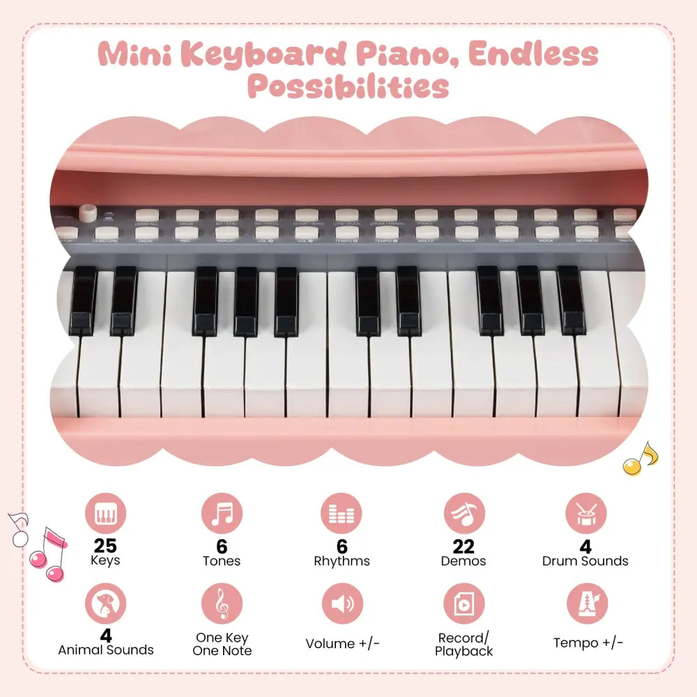 Mini Keyboard Piano for Kids 25 Keys Electric Piano with Stool for Toddlers 3+ Years Old-Pink - Pink - Pianos &